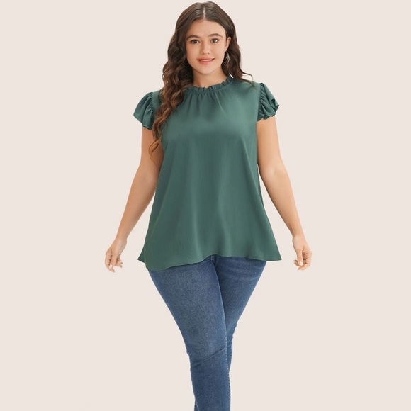 Bloomchic Plain Mock Neck Cap Sleeve Ruffle Trim Mint Blouse - Picture 4 of 7